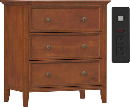 Solid Wood 3-Drawer Nightstand with Charging Station – White Farmhouse Bedside Table