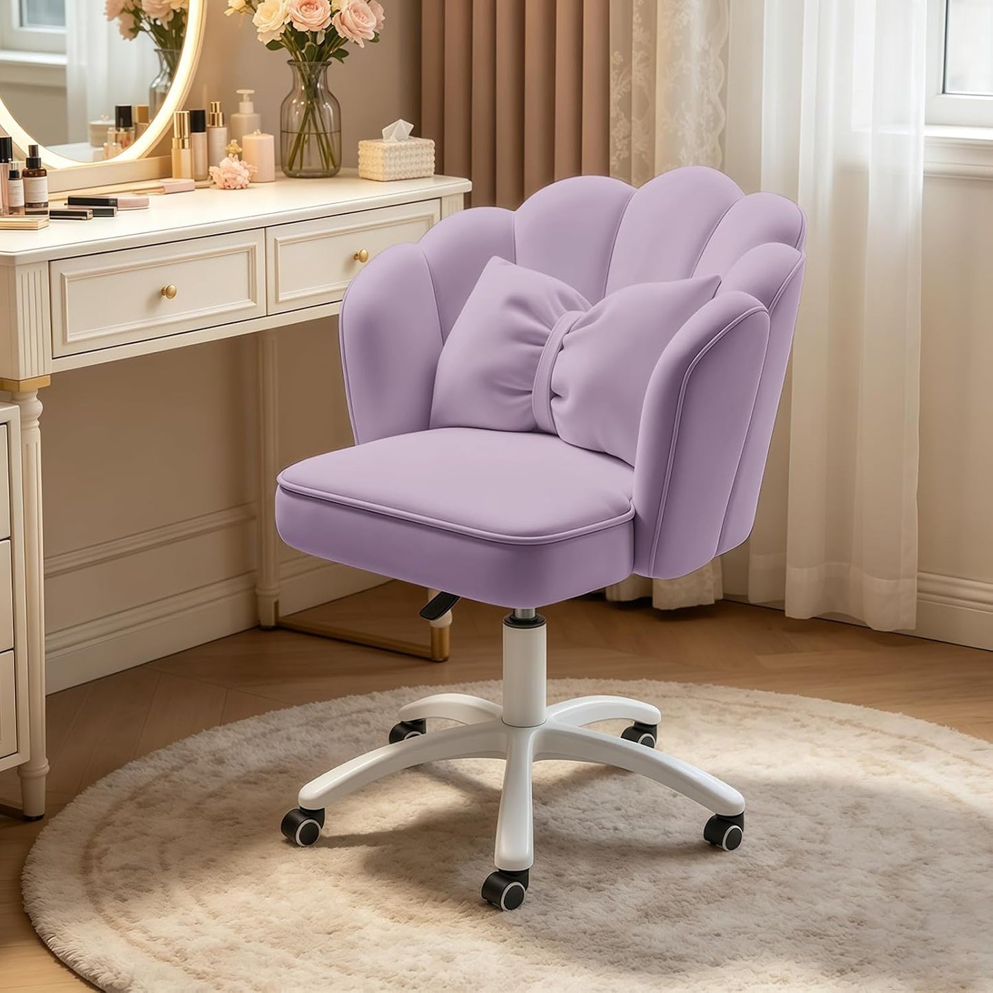 Purple Velvet Petal Vanity Chair Swivel Rolling Desk Chair with Bow Cushion