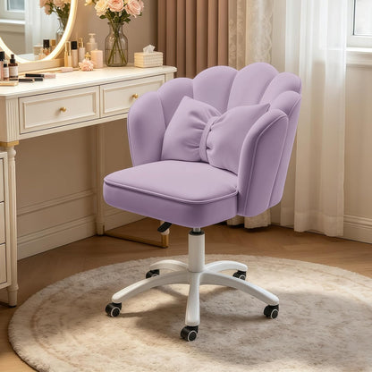 Purple Velvet Petal Vanity Chair Swivel Rolling Desk Chair with Bow Cushion