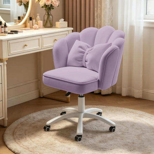 Purple Velvet Petal Vanity Chair Swivel Rolling Desk Chair with Bow Cushion