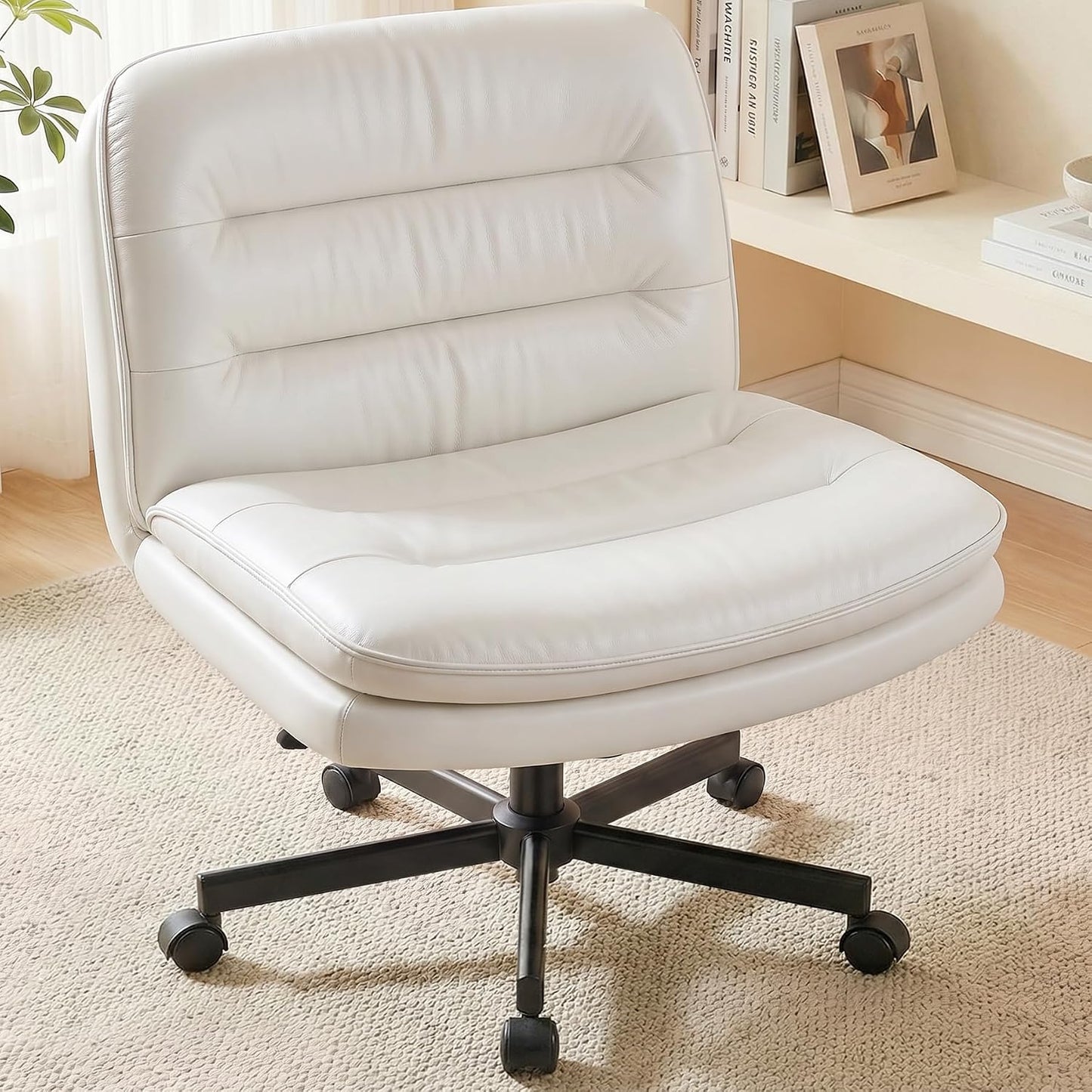 Beige Criss Cross Office Chair Wide Seat Swivel Rolling Vanity Desk Chair
