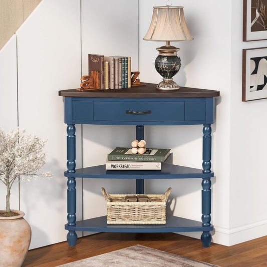 Wood Triangle Corner Table with Drawer and 2 Storage Shelves Navy Blue
