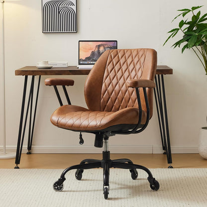Brown Leather Office Chair Ergonomic Swivel Desk Chair with Lumbar Support and Wheels