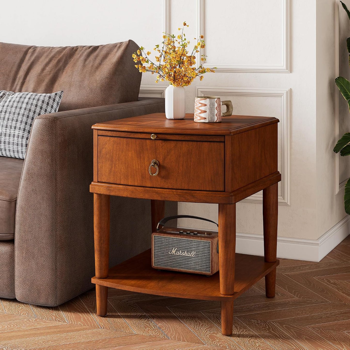 Solid Wood End Table with Drawer Pull Out Tray and Storage Shelf