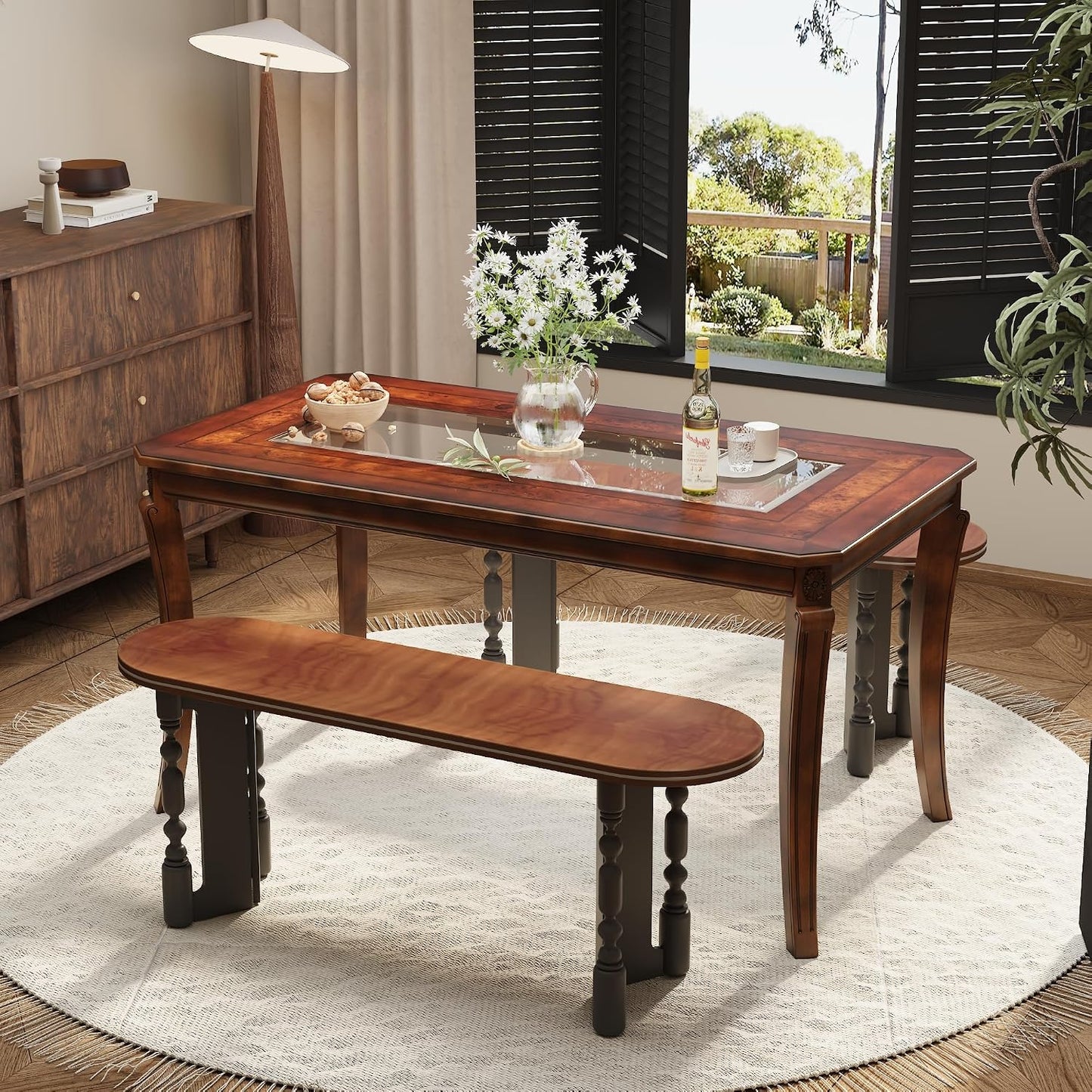 Cherry Wood Dining Table with Glass Top Traditional Vintage Table for 6