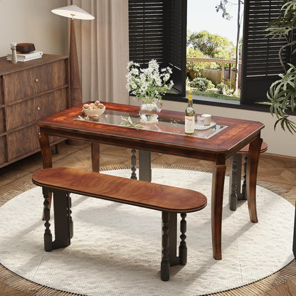 Cherry Wood Dining Table with Glass Top Traditional Vintage Table for 6
