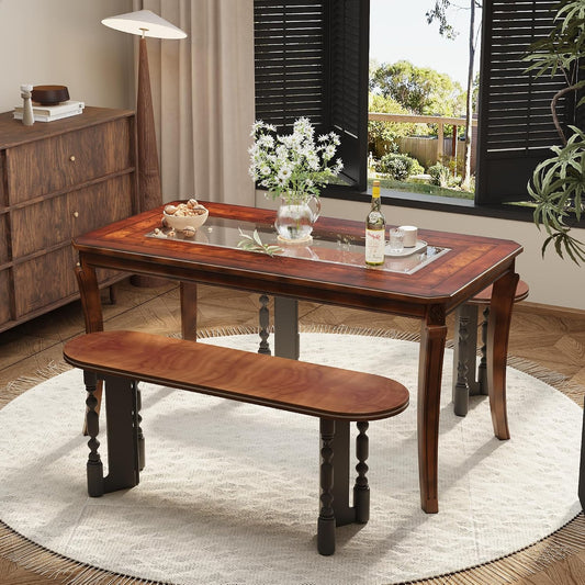 Cherry Wood Dining Table with Glass Top Traditional Vintage Table for 6