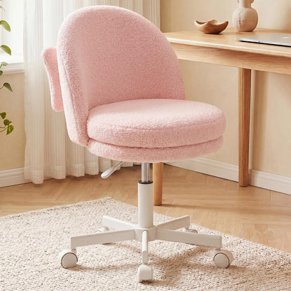 Pink Velvet Vanity Chair Adjustable Swivel Rolling Desk Chair with Lumbar Pillow