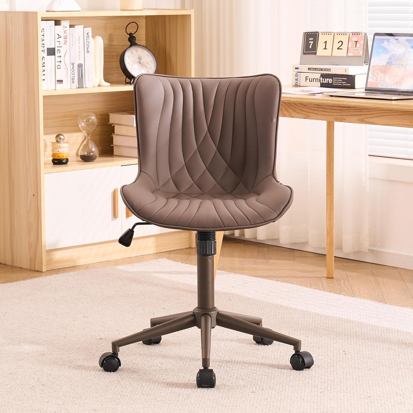 Brown Faux Leather Office Chair Adjustable Swivel Rolling Armless Desk Chair