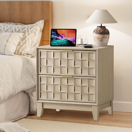 Modern Oak 2-Drawer Nightstand with Charging Station – Textured Bedside Table