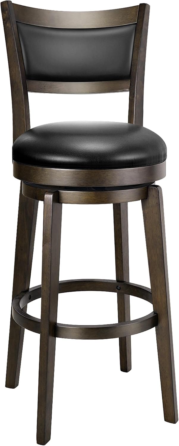 26 Inch Swivel Counter Height Bar Stool Black Faux Leather Solid Wood Frame
