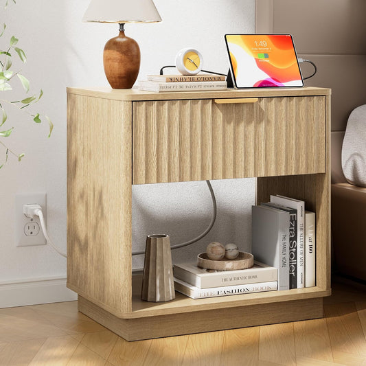 23" Modern Fluted Nightstand with Charging Station – Natural Oak Bedside Table