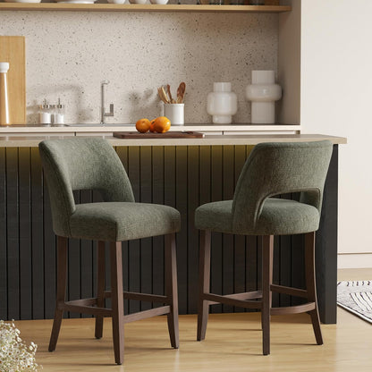 26 Inch Green Upholstered Counter Height Bar Stools Rubberwood Set of 2