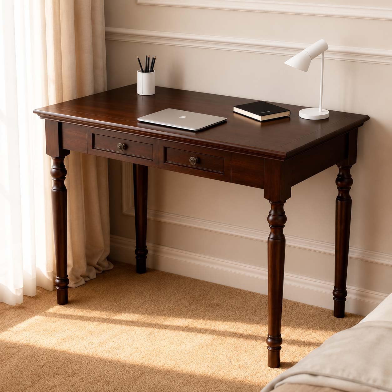 French Country Solid Wood Writing Desk with 2 Drawers Beige Farmhouse Table
