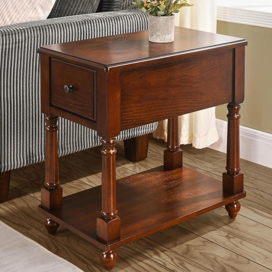 Solid Wood Narrow Nightstand with Drawer Cherry Brown Bedside End Table