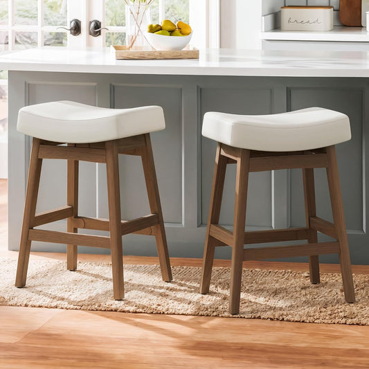 24 Inch Counter Height Bar Stools Set of 2 Antique White Saddle Seats