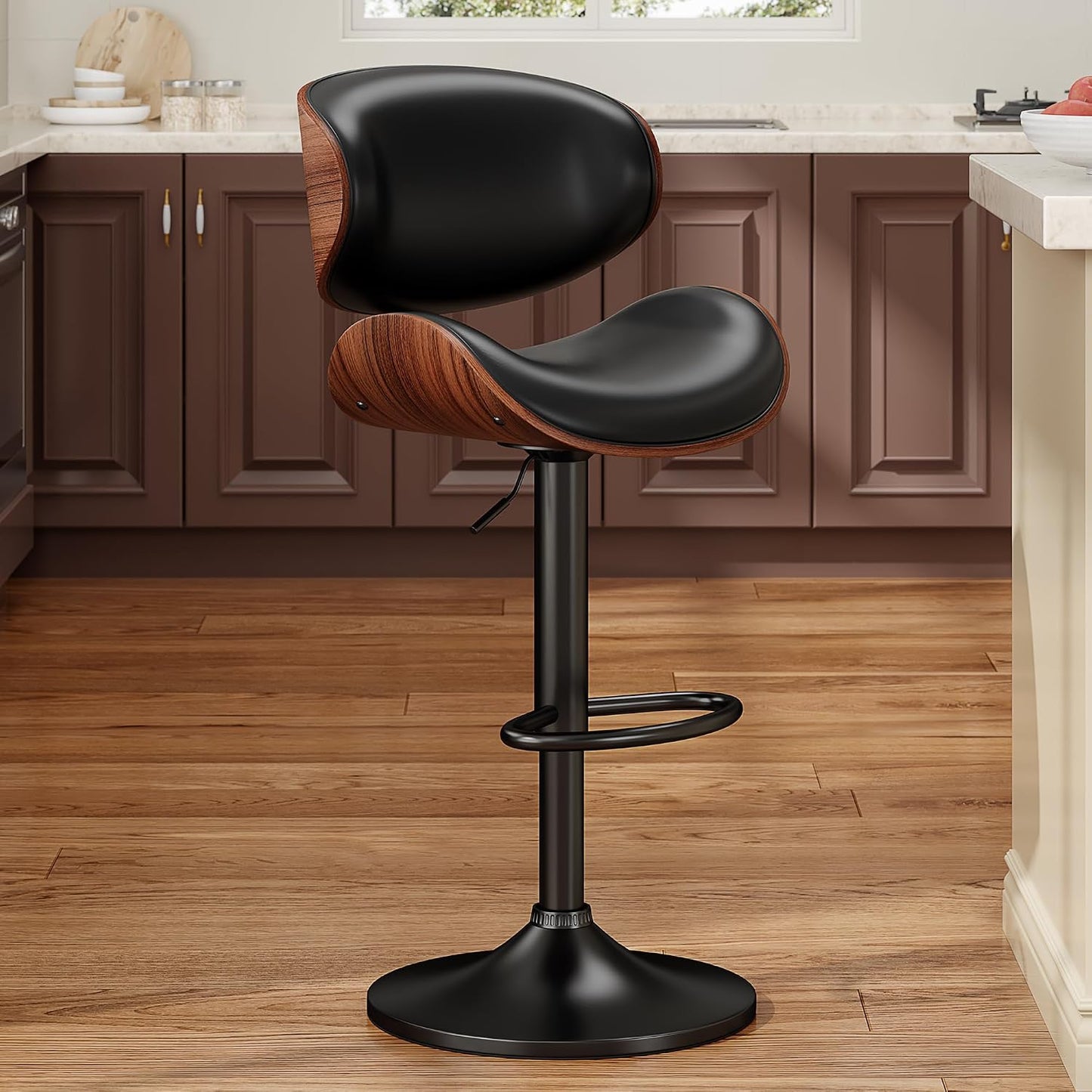 Adjustable Swivel Bar Stool Black PU Leather Walnut Bentwood Counter Chair