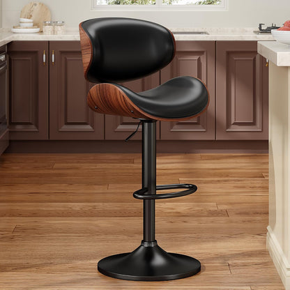 Adjustable Swivel Bar Stool Black PU Leather Walnut Bentwood Counter Chair