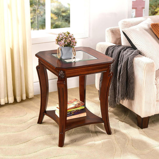 Solid Wood Square End Table with Glass Top and Storage Shelf