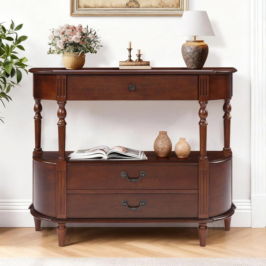 Solid Wood Console Table with Drawers Cherry Half Moon Entryway Table