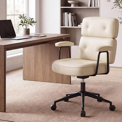 Beige Faux Leather Office Chair Adjustable Swivel Rolling Ergonomic Desk Chair