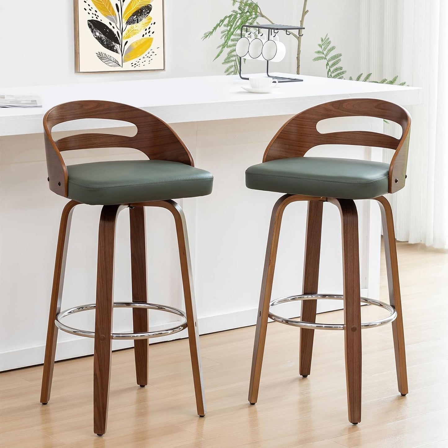 Walnut Green Swivel Counter Stool with Faux Leather Seat Mid Century Bar Chair
