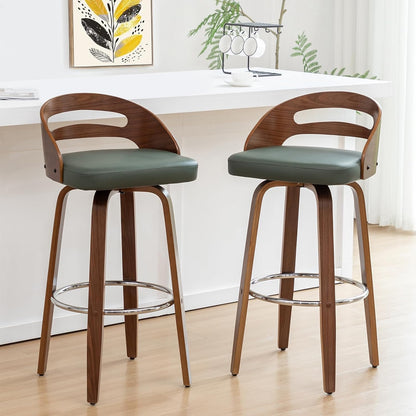 Walnut Green Swivel Counter Stool with Faux Leather Seat Mid Century Bar Chair