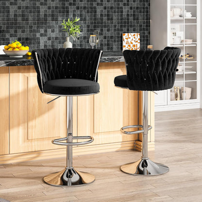 Black Velvet Swivel Bar Stools with Tufted Back Adjustable Height Set of 2