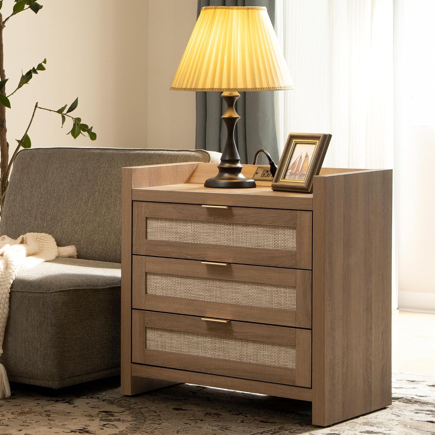 Rattan Nightstand with 3 Drawers Charging Station Farmhouse Bedside Table