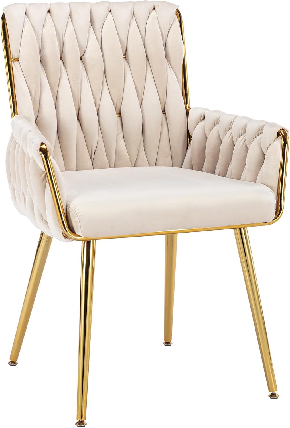 Beige Velvet Vanity Chair Hand Woven Gold Leg Upholstered Accent Chair