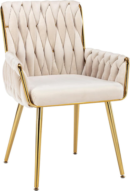 Beige Velvet Vanity Chair Hand Woven Gold Leg Upholstered Accent Chair