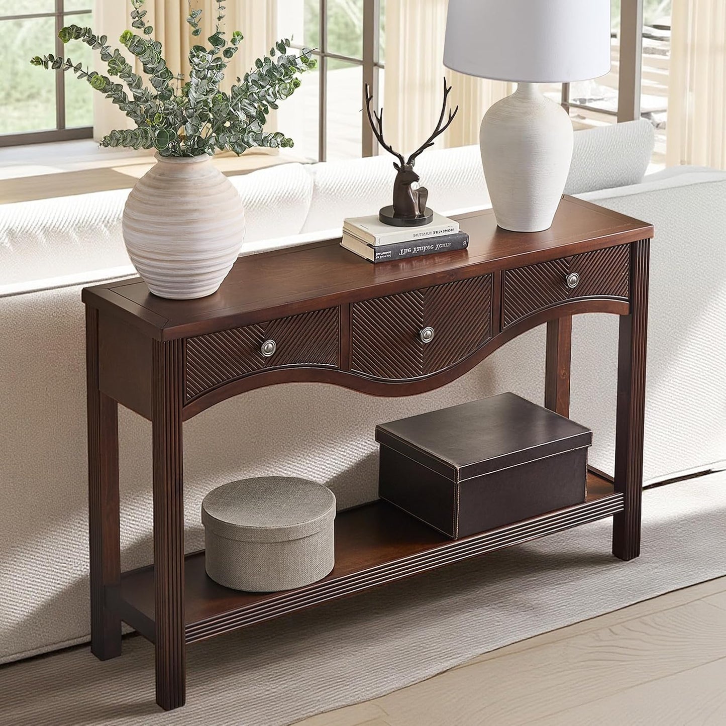 Scalloped Wood Console Table with 3 Drawers Narrow Espresso Entryway Table