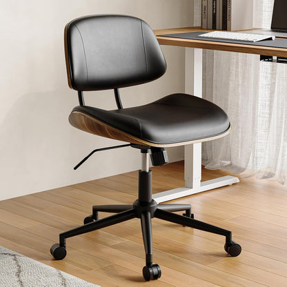 Black PU Leather Office Chair Armless Swivel Desk Chair with Walnut Back and Wheels