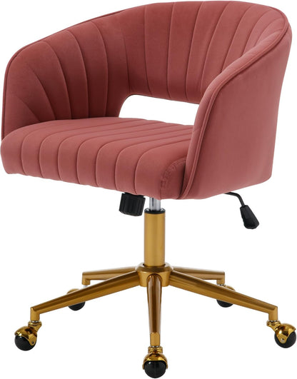 Red Velvet Swivel Desk Chair Adjustable Vanity Chair with Gold Base and Wheels