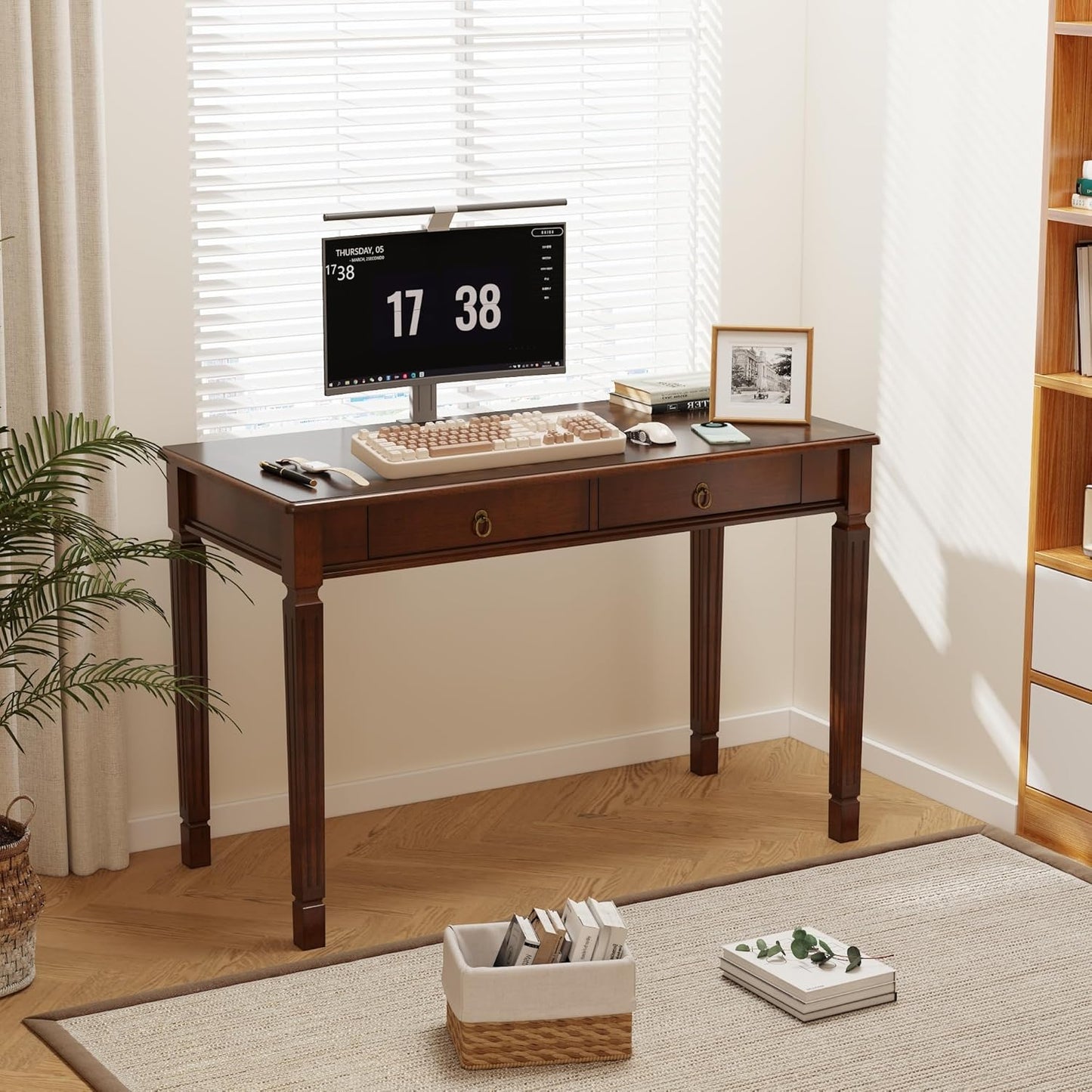 Solid Wood Writing Desk with Drawers Walnut Mid Century Home Office Desk