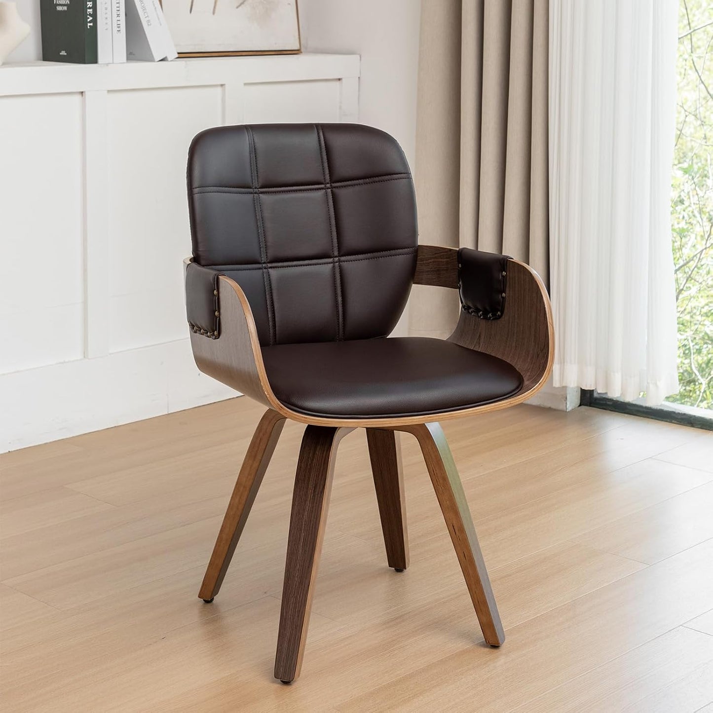 Walnut Brown Swivel Dining Chair with Arms Faux Leather Mid Century Chair