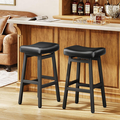 29 Inch Black Bar Height Stools Set of 2 Bonded Leather Saddle Seats