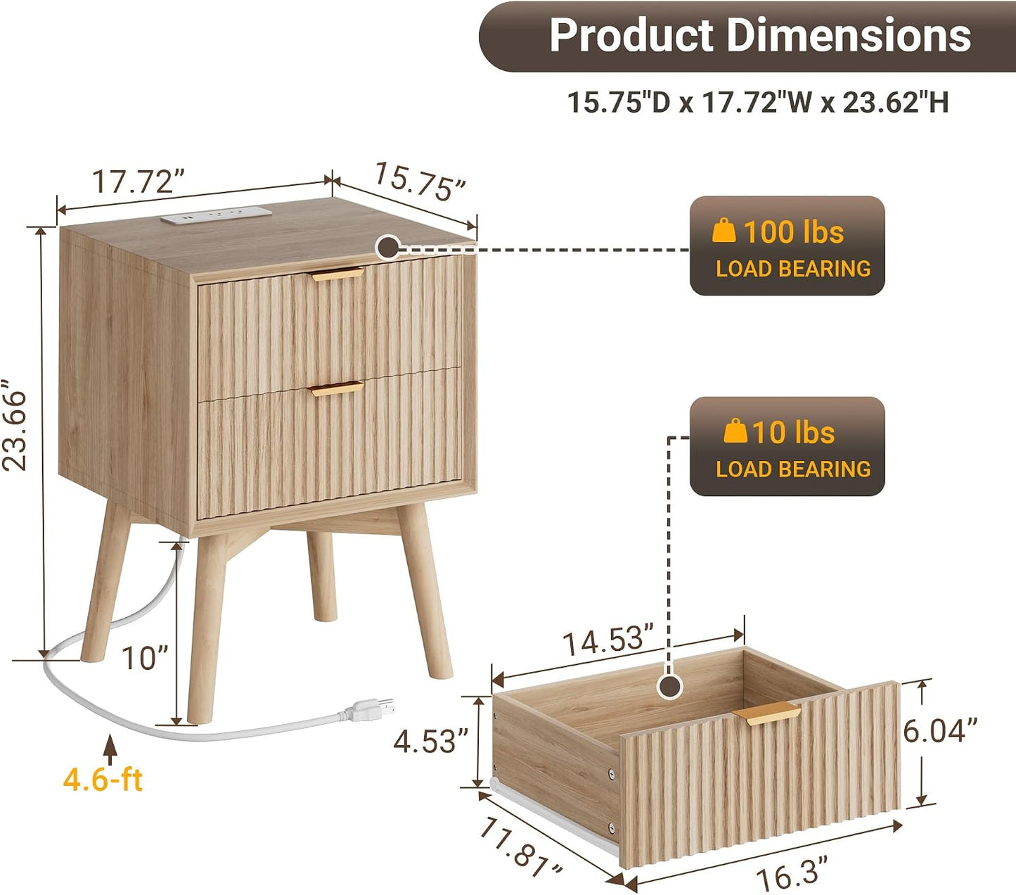 Modern Fluted Nightstand with Charging Station & 2 Drawers