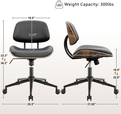 Black PU Leather Office Chair Armless Swivel Desk Chair with Walnut Back and Wheels