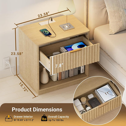 23" Modern Fluted Nightstand with Charging Station – Natural Oak Bedside Table