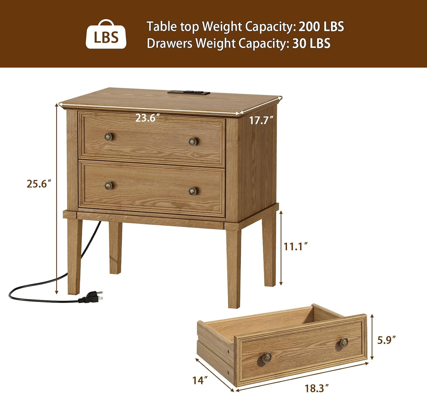 Solid Wood 2-Drawer Nightstand with Charging Station – Teak Farmhouse Bedside Table