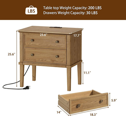 Solid Wood 2-Drawer Nightstand with Charging Station – Teak Farmhouse Bedside Table