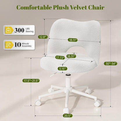 White Teddy Vanity Chair Armless Adjustable Swivel Desk Chair with Wheels