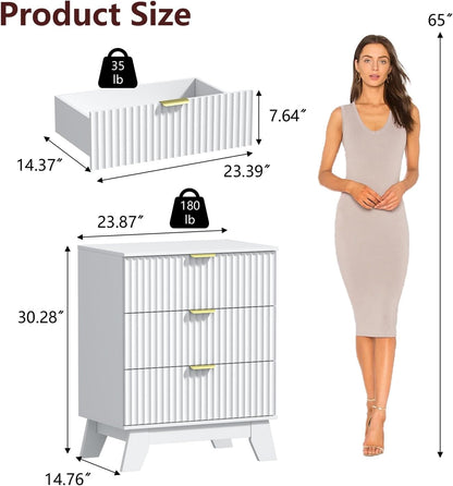 White Fluted Nightstand with 3 Drawers Modern Wide Bedside Table