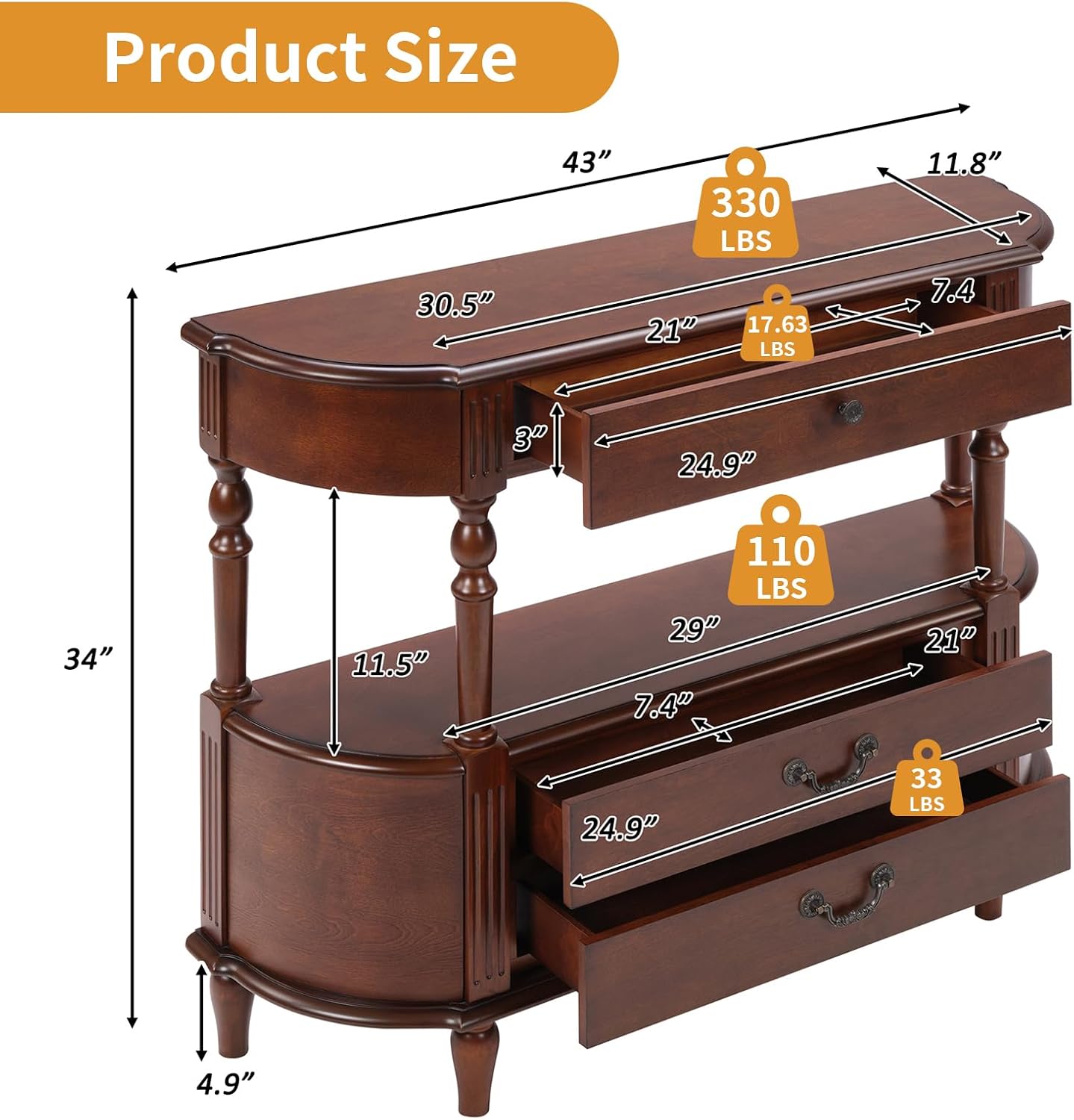 Solid Wood Console Table with Drawers Cherry Half Moon Entryway Table