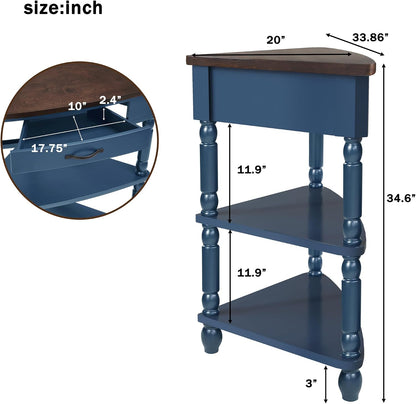 Wood Triangle Corner Table with Drawer and 2 Storage Shelves Navy Blue