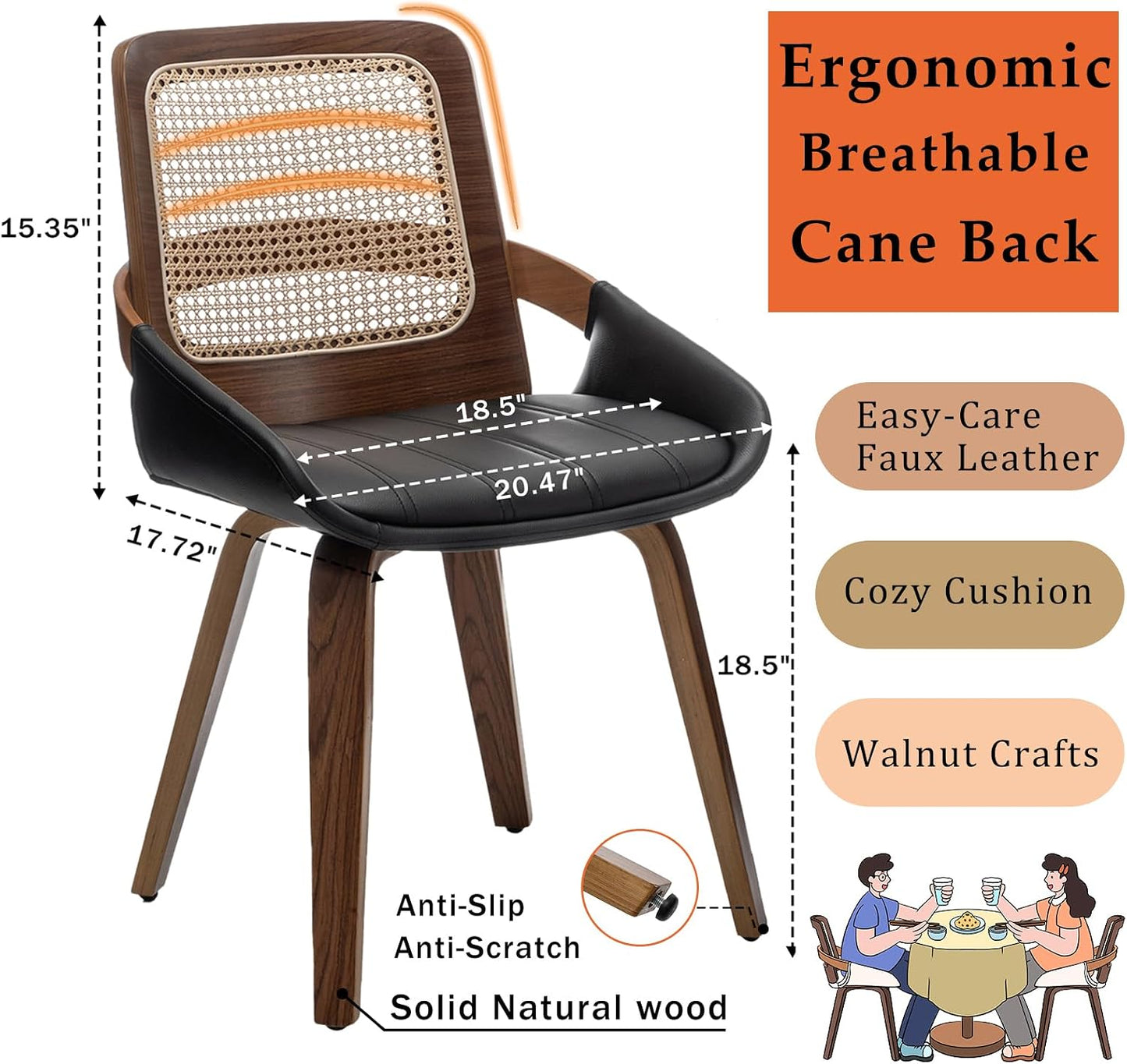 Walnut Rattan Dining Chair with Cane Back Black Upholstered Seat and Arms