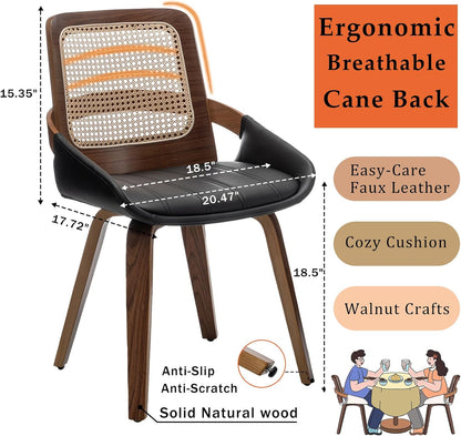 Walnut Rattan Dining Chair with Cane Back Black Upholstered Seat and Arms