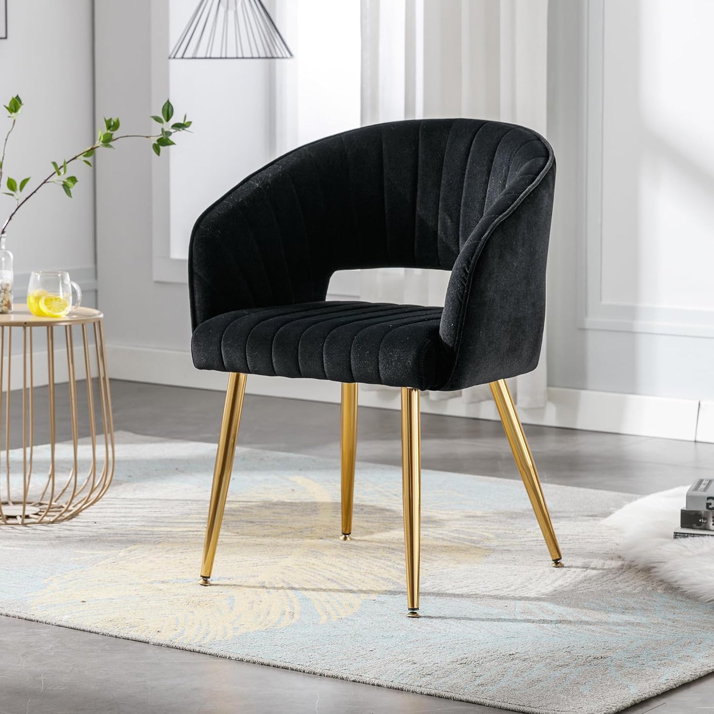 Light Gray Velvet Desk Chair Tufted Vanity Armchair with Gold Metal Legs