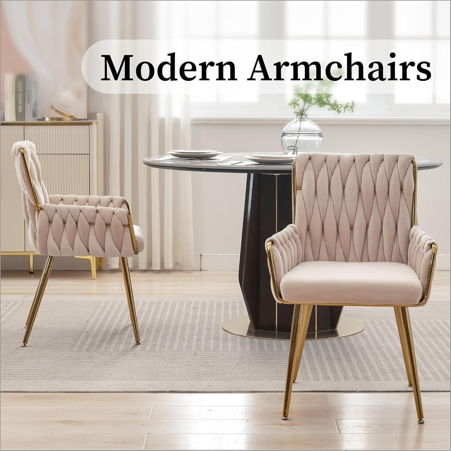 Beige Velvet Accent Chair Hand Woven Upholstered Armchair with Gold Metal Legs